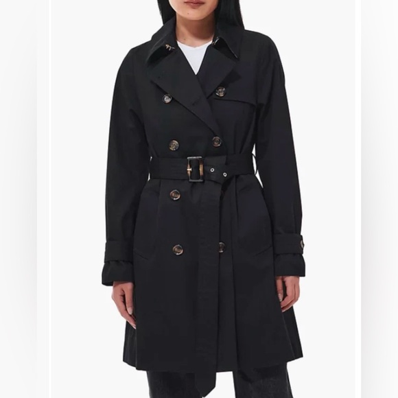 Barbour Womens 14 Black Short Greta Showerproof Belted Trench Coat British Style